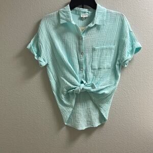 H). Self Esteem Button Down Shirt Short Roll Up Sleeve Teal Blue Medium